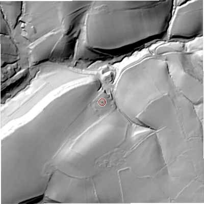 Shaded relief map of the ground around BA46AJ, computed from Environment Agency LiDAR. The ground here sits at about 135 m above sea level and falls 71 m across the surrounding 800 m. Surface water reaching this point runs off ground lying to the south, 20.5 m higher.