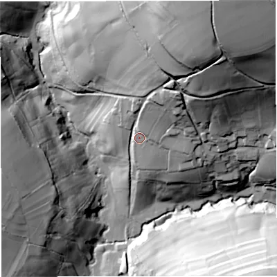 Shaded relief map of the ground around BA46BL, computed from Environment Agency LiDAR. The ground here sits at about 103 m above sea level and falls 83 m across the surrounding 800 m. Surface water reaching this point runs off ground lying to the north-north-east, 58.0 m higher.