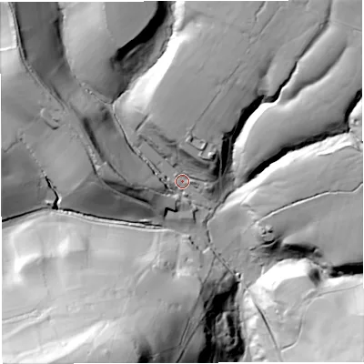 Shaded relief map of the ground around BA46DD, computed from Environment Agency LiDAR. The ground here sits at about 114 m above sea level and falls 80 m across the surrounding 800 m. Surface water reaching this point runs off ground lying to the north, 23.4 m higher.
