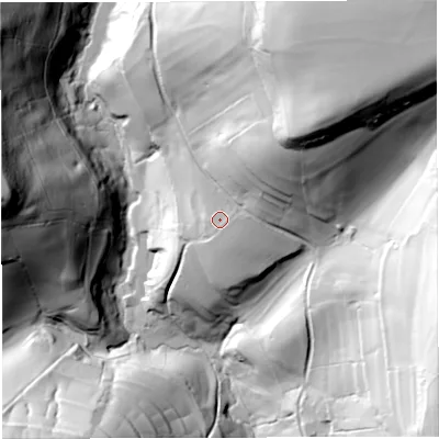 Shaded relief map of the ground around BA46DG, computed from Environment Agency LiDAR. The ground here sits at about 127 m above sea level and falls 86 m across the surrounding 800 m. Surface water reaching this point runs off ground lying to the east-north-east, 10.2 m higher.