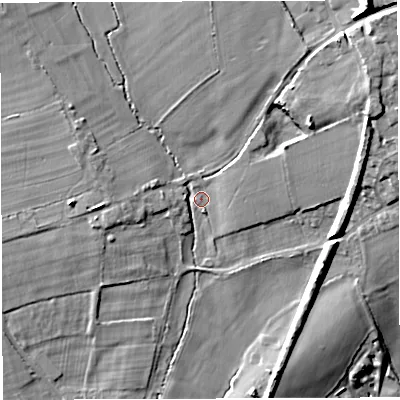 Shaded relief map of the ground around BA46DP, computed from Environment Agency LiDAR. The ground here sits at about 69 m above sea level and falls 27 m across the surrounding 800 m. Surface water reaching this point runs off ground lying to the north-north-east, 10.7 m higher.