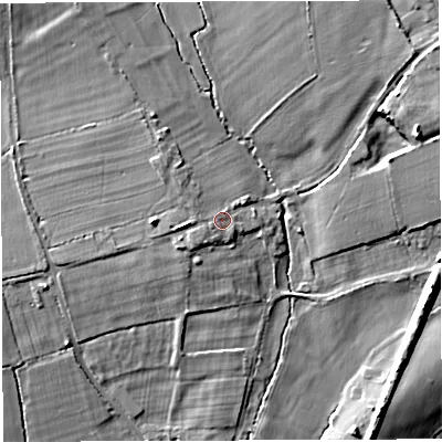 Shaded relief map of the ground around BA46DS, computed from Environment Agency LiDAR. The ground here sits at about 71 m above sea level and falls 17 m across the surrounding 800 m. Surface water reaching this point runs off ground lying to the west-north-west, 1.1 m higher.