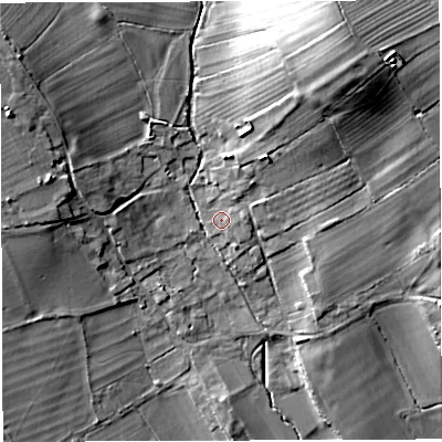 Shaded relief map of the ground around BA46EA, computed from Environment Agency LiDAR. The ground here sits at about 90 m above sea level and falls 37 m across the surrounding 800 m. Surface water reaching this point runs off ground lying to the north-north-east, 6.5 m higher.