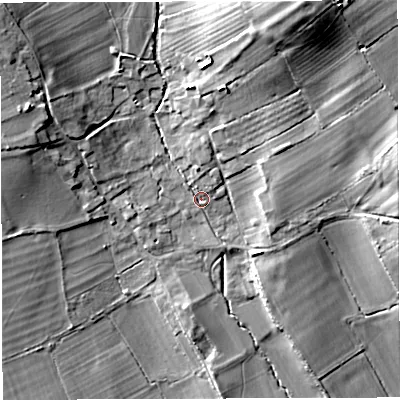 Shaded relief map of the ground around BA46EB, computed from Environment Agency LiDAR. The ground here sits at about 88 m above sea level and falls 39 m across the surrounding 800 m. Surface water reaching this point runs off ground lying to the north, 4.2 m higher.