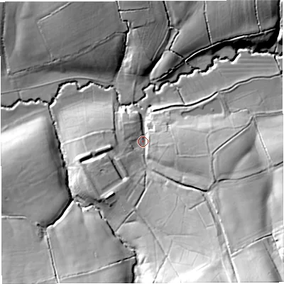 Shaded relief map of the ground around BA46HQ, computed from Environment Agency LiDAR. The ground here sits at about 73 m above sea level and falls 41 m across the surrounding 800 m. Surface water reaching this point runs off ground lying to the south-east, 33.7 m higher.