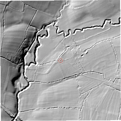 Shaded relief map of the ground around BA46LY, computed from Environment Agency LiDAR. The ground here sits at about 53 m above sea level and falls 22 m across the surrounding 800 m. Surface water reaching this point runs off ground lying to the east-south-east, 0.8 m higher.