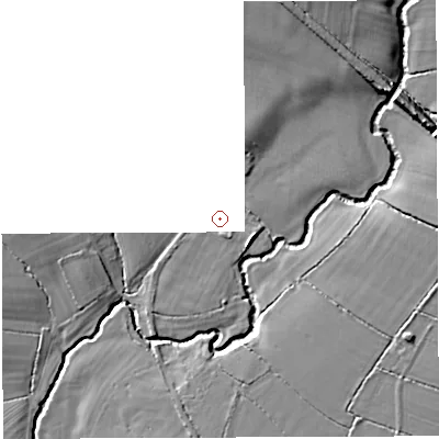 Shaded relief map of the ground around BA46ND, computed from Environment Agency LiDAR. and falls 13 m across the surrounding 800 m. Surface water reaching this point runs off ground lying to the south-south-east, 0.9 m higher.