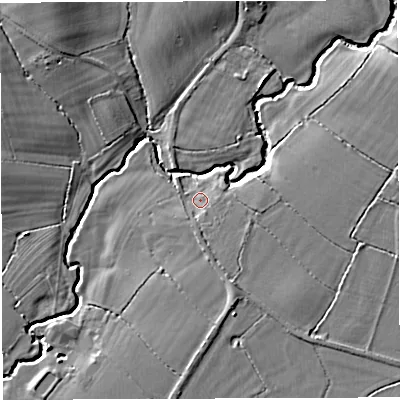 Shaded relief map of the ground around BA46NE, computed from Environment Agency LiDAR. The ground here sits at about 47 m above sea level and falls 11 m across the surrounding 800 m. Surface water reaching this point runs off ground lying to the east, 3.8 m higher.