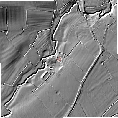 Shaded relief map of the ground around BA46NF, computed from Environment Agency LiDAR. The ground here sits at about 45 m above sea level and falls 11 m across the surrounding 800 m. Surface water reaching this point runs off ground lying to the east, 3.9 m higher.