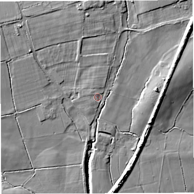 Shaded relief map of the ground around BA46PF, computed from Environment Agency LiDAR. The ground here sits at about 64 m above sea level and falls 18 m across the surrounding 800 m. Surface water reaching this point runs off ground lying to the north-north-east, 2.8 m higher.