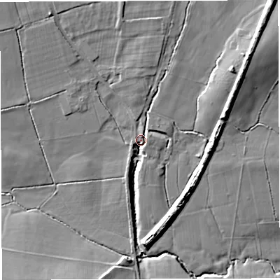 Shaded relief map of the ground around BA46PG, computed from Environment Agency LiDAR. The ground here sits at about 61 m above sea level and falls 18 m across the surrounding 800 m. Surface water reaching this point runs off ground lying to the north, 10.5 m higher.