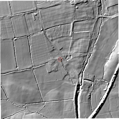 Shaded relief map of the ground around BA46PQ, computed from Environment Agency LiDAR. The ground here sits at about 63 m above sea level and falls 15 m across the surrounding 800 m. Surface water reaching this point runs off ground lying to the north-north-east, 9.4 m higher.