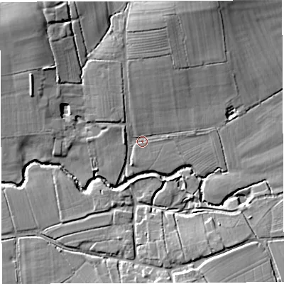 Shaded relief map of the ground around BA46PT, computed from Environment Agency LiDAR. The ground here sits at about 41 m above sea level and falls 16 m across the surrounding 800 m. Surface water reaching this point runs off ground lying to the north-north-east, 10.1 m higher.