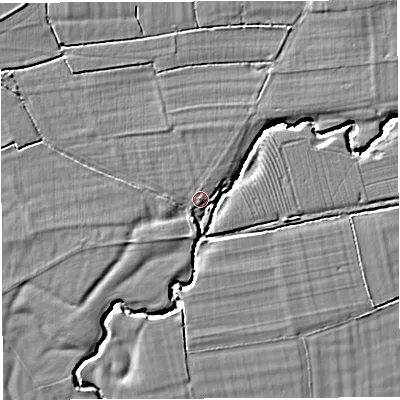 Shaded relief map of the ground around BA46PU, computed from Environment Agency LiDAR. The ground here sits at about 38 m above sea level and falls 9 m across the surrounding 800 m. Surface water reaching this point runs off ground lying to the north-north-east, 0.7 m higher.