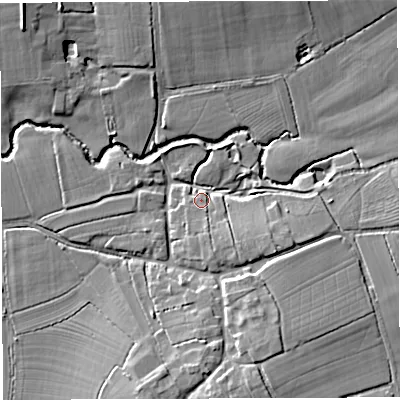 Shaded relief map of the ground around BA46PX, computed from Environment Agency LiDAR. The ground here sits at about 42 m above sea level and falls 12 m across the surrounding 800 m. Surface water reaching this point runs off ground lying to the south-east, 7.2 m higher.
