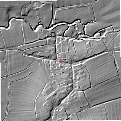 Shaded relief map of the ground around BA46PY, computed from Environment Agency LiDAR. The ground here sits at about 41 m above sea level and falls 13 m across the surrounding 800 m. Surface water reaching this point runs off ground lying to the south-south-east, 8.1 m higher.