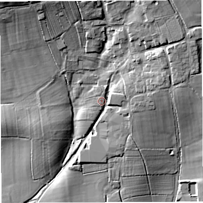 Shaded relief map of the ground around BA46RA, computed from Environment Agency LiDAR. The ground here sits at about 54 m above sea level and falls 27 m across the surrounding 800 m. Surface water reaching this point runs off ground lying to the north-east, 10.9 m higher.