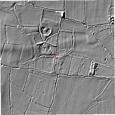 Shaded relief map of the ground around BA46RU, computed from Environment Agency LiDAR. The ground here sits at about 36 m above sea level and falls 8 m across the surrounding 800 m. Surface water reaching this point runs off ground lying to the north-west, 3.5 m higher.