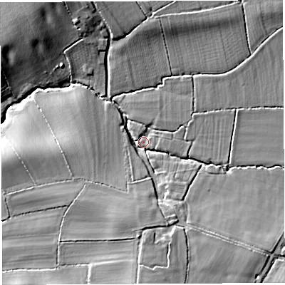 Shaded relief map of the ground around BA46RZ, computed from Environment Agency LiDAR. The ground here sits at about 35 m above sea level and falls 14 m across the surrounding 800 m. Surface water reaching this point runs off ground lying to the south-south-east, 10.1 m higher.