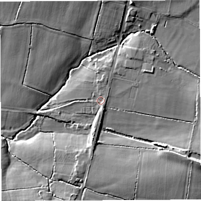 Shaded relief map of the ground around BA46TA, computed from Environment Agency LiDAR. The ground here sits at about 64 m above sea level and falls 18 m across the surrounding 800 m. Surface water reaching this point runs off ground lying to the south, 3.8 m higher.
