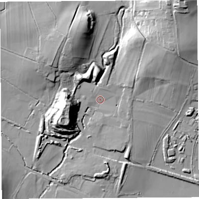 Shaded relief map of the ground around BA51AG, computed from Environment Agency LiDAR. The ground here sits at about 40 m above sea level and falls 41 m across the surrounding 800 m. Surface water reaching this point runs off ground lying to the north-east, 23.9 m higher.