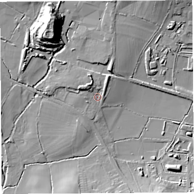 Shaded relief map of the ground around BA51AH, computed from Environment Agency LiDAR. The ground here sits at about 37 m above sea level and falls 30 m across the surrounding 800 m. Surface water reaching this point runs off ground lying to the north-north-east, 5.7 m higher.