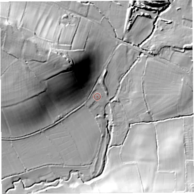 Shaded relief map of the ground around BA51AP, computed from Environment Agency LiDAR. The ground here sits at about 33 m above sea level and falls 41 m across the surrounding 800 m. Surface water reaching this point runs off ground lying to the west-north-west, 2.1 m higher.