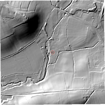 Shaded relief map of the ground around BA51AW, computed from Environment Agency LiDAR. The ground here sits at about 31 m above sea level and falls 40 m across the surrounding 800 m. Surface water reaching this point runs off ground lying to the north-west, 33.8 m higher.