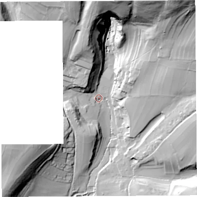 Shaded relief map of the ground around BA51BA, computed from Environment Agency LiDAR. The ground here sits at about 53 m above sea level and falls 88 m across the surrounding 800 m. Surface water reaching this point runs off ground lying to the north, 67.6 m higher.