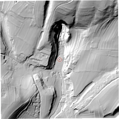 Shaded relief map of the ground around BA51BB, computed from Environment Agency LiDAR. The ground here sits at about 53 m above sea level and falls 107 m across the surrounding 800 m. Surface water reaching this point runs off ground lying to the north-east, 100.5 m higher.