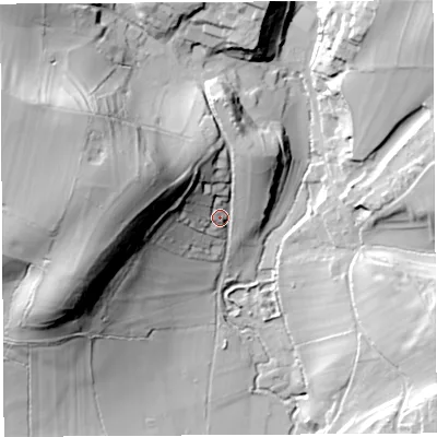 Shaded relief map of the ground around BA51BD, computed from Environment Agency LiDAR. The ground here sits at about 58 m above sea level and falls 55 m across the surrounding 800 m. Surface water reaching this point runs off ground lying to the west-north-west, 37.9 m higher.