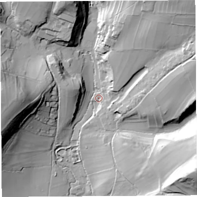 Shaded relief map of the ground around BA51BP, computed from Environment Agency LiDAR. The ground here sits at about 52 m above sea level and falls 68 m across the surrounding 800 m. Surface water reaching this point runs off ground lying to the north-east, 48.6 m higher.
