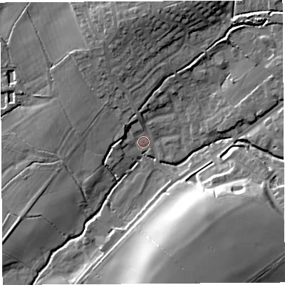 Shaded relief map of the ground around BA51DA, computed from Environment Agency LiDAR. The ground here sits at about 25 m above sea level and falls 23 m across the surrounding 800 m. Surface water reaching this point runs off ground lying to the north, 4.0 m higher.