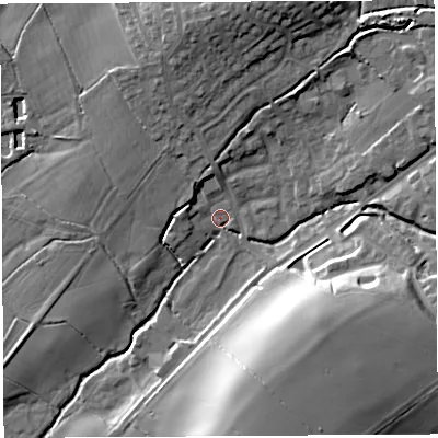 Shaded relief map of the ground around BA51DB, computed from Environment Agency LiDAR. The ground here sits at about 25 m above sea level and falls 23 m across the surrounding 800 m. Surface water reaching this point runs off ground lying to the north, 4.7 m higher.