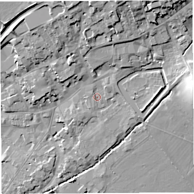 Shaded relief map of the ground around BA51DS, computed from Environment Agency LiDAR. The ground here sits at about 42 m above sea level and falls 23 m across the surrounding 800 m. Surface water reaching this point runs off ground lying to the north-east, 3.0 m higher.