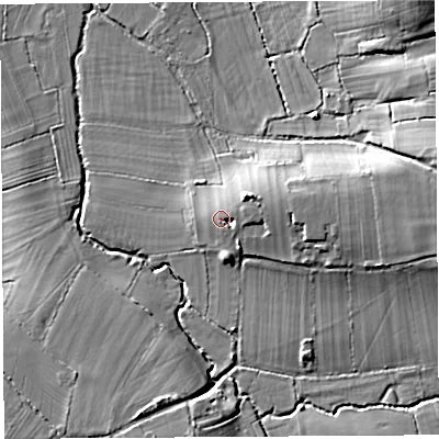 Shaded relief map of the ground around BA51DT, computed from Environment Agency LiDAR. The ground here sits at about 17 m above sea level and falls 13 m across the surrounding 800 m. Surface water reaching this point runs off ground lying to the east-north-east, 2.9 m higher.