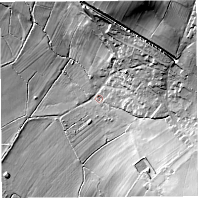 Shaded relief map of the ground around BA51ED, computed from Environment Agency LiDAR. The ground here sits at about 15 m above sea level and falls 48 m across the surrounding 800 m. Surface water reaching this point runs off ground lying to the east-north-east, 27.8 m higher.