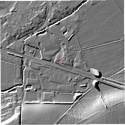 Shaded relief map of the ground around BA51FA, computed from Environment Agency LiDAR. The ground here sits at about 37 m above sea level and falls 17 m across the surrounding 800 m. Surface water reaching this point runs off ground lying to the east-north-east, 1.6 m higher.