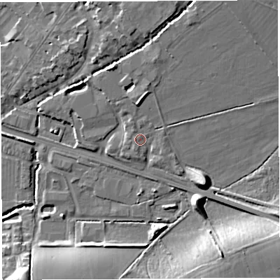 Shaded relief map of the ground around BA51FB, computed from Environment Agency LiDAR. The ground here sits at about 37 m above sea level and falls 17 m across the surrounding 800 m. Surface water reaching this point runs off ground lying to the north-north-east, 6.6 m higher.