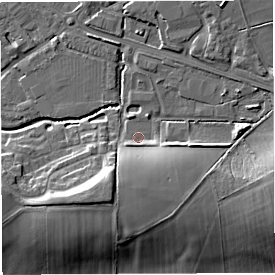 Shaded relief map of the ground around BA51FD, computed from Environment Agency LiDAR. The ground here sits at about 33 m above sea level and falls 15 m across the surrounding 800 m. Surface water reaching this point runs off ground lying to the south-west, 2.2 m higher.