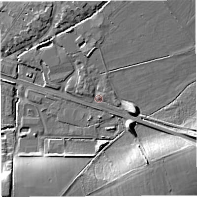 Shaded relief map of the ground around BA51FF, computed from Environment Agency LiDAR. The ground here sits at about 37 m above sea level and falls 17 m across the surrounding 800 m. Surface water reaching this point runs off ground lying to the north-north-east, 6.6 m higher.
