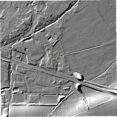 Shaded relief map of the ground around BA51FH, computed from Environment Agency LiDAR. The ground here sits at about 37 m above sea level and falls 17 m across the surrounding 800 m. Surface water reaching this point runs off ground lying to the north-north-east, 6.8 m higher.