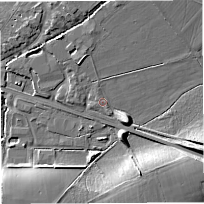 Shaded relief map of the ground around BA51FL, computed from Environment Agency LiDAR. The ground here sits at about 37 m above sea level and falls 17 m across the surrounding 800 m. Surface water reaching this point runs off ground lying to the south-east, 1.4 m higher.