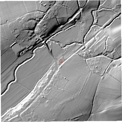 Shaded relief map of the ground around BA51FR, computed from Environment Agency LiDAR. The ground here sits at about 13 m above sea level and falls 17 m across the surrounding 800 m. Surface water reaching this point runs off ground lying to the east-south-east, 7.0 m higher.