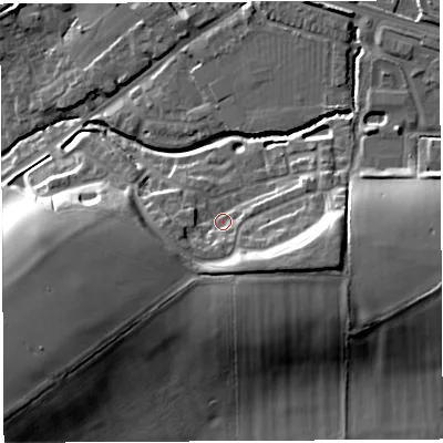 Shaded relief map of the ground around BA51FT, computed from Environment Agency LiDAR. The ground here sits at about 33 m above sea level and falls 18 m across the surrounding 800 m. Surface water reaching this point runs off ground lying to the east-south-east, 9.3 m higher.