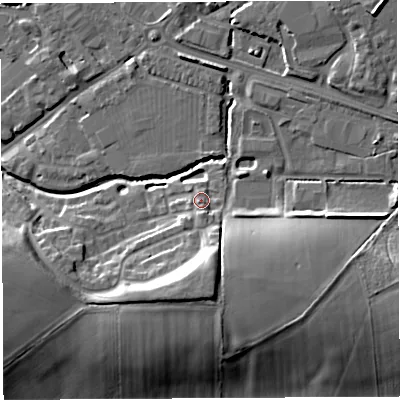 Shaded relief map of the ground around BA51FZ, computed from Environment Agency LiDAR. The ground here sits at about 33 m above sea level and falls 16 m across the surrounding 800 m. Surface water reaching this point runs off ground lying to the south, 9.2 m higher.