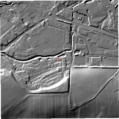 Shaded relief map of the ground around BA51GA, computed from Environment Agency LiDAR. The ground here sits at about 32 m above sea level and falls 16 m across the surrounding 800 m. Surface water reaching this point runs off ground lying to the south-south-east, 8.6 m higher.