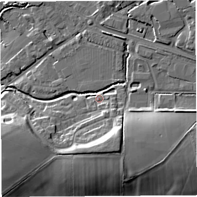 Shaded relief map of the ground around BA51GB, computed from Environment Agency LiDAR. The ground here sits at about 32 m above sea level and falls 17 m across the surrounding 800 m. Surface water reaching this point runs off ground lying to the south-south-east, 13.0 m higher.