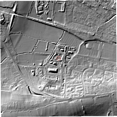 Shaded relief map of the ground around BA51GP, computed from Environment Agency LiDAR. The ground here sits at about 35 m above sea level and falls 21 m across the surrounding 800 m. Surface water reaching this point runs off ground lying to the south-south-east, 17.7 m higher.