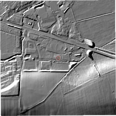 Shaded relief map of the ground around BA51JJ, computed from Environment Agency LiDAR. The ground here sits at about 34 m above sea level and falls 17 m across the surrounding 800 m. Surface water reaching this point runs off ground lying to the east-south-east, 12.8 m higher.